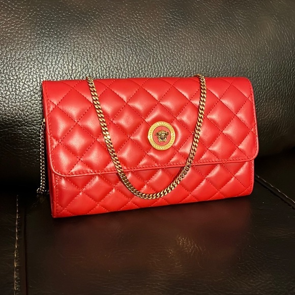 SALE!! Versace red nappa icon medusa logo leather evening bag or wallet on chain - Picture 6 of 14